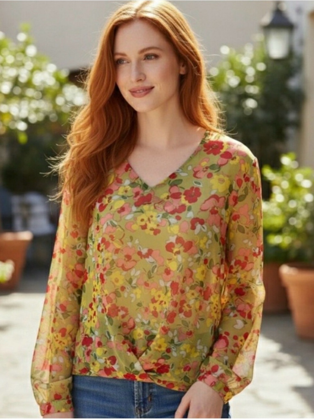 Cabi Playground Blouse Style 6503 XXL Green Floral Sheer Chiffon Long Sleeve